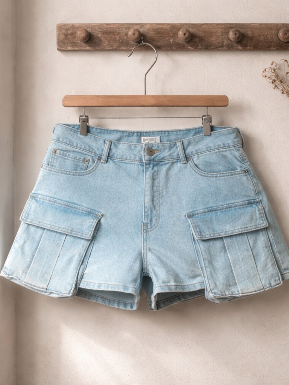 Light‎ Wash Denim Cargo Shorts Y2K Utility Oversize Pleated Pocket Shorts Size L